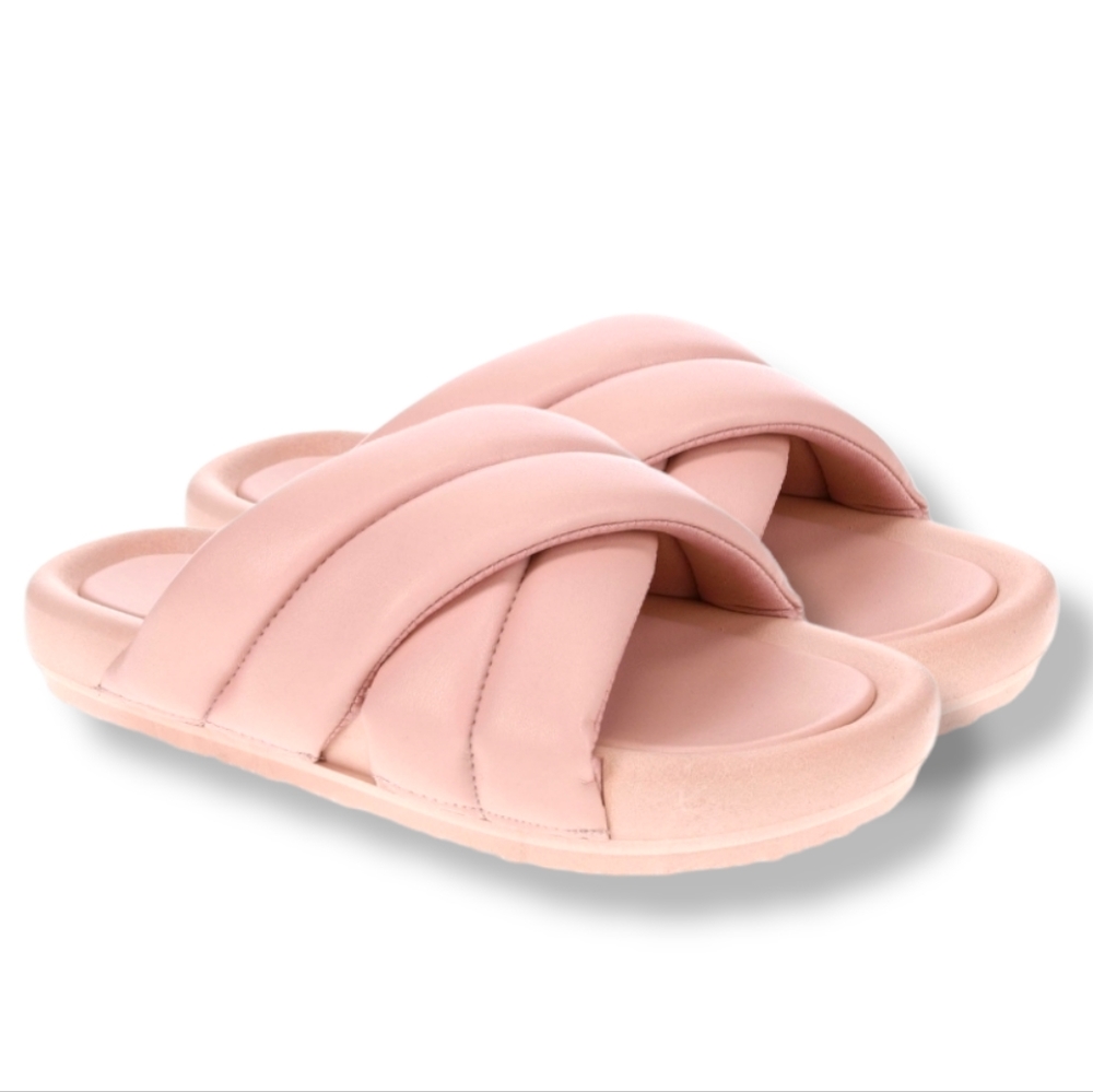#325 New Cross Over Pink Women's Crisscross Puffy Padded Slides Sandals 7 Shoes